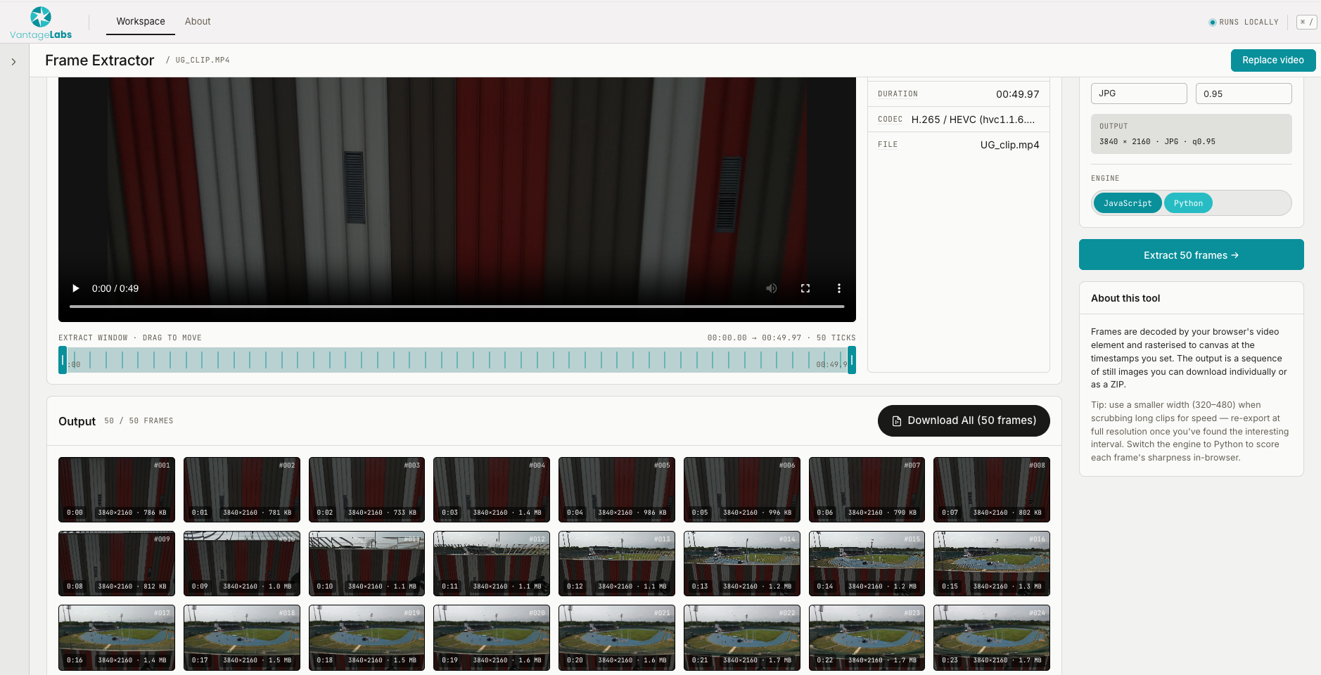 The VantageLabs frame extractor, turning a video into individual downloadable frames. Screenshot of the VantageLabs frame extractor in the browser, showing frames pulled from the stadium footage displayed as a grid of thumbnails ready to download.